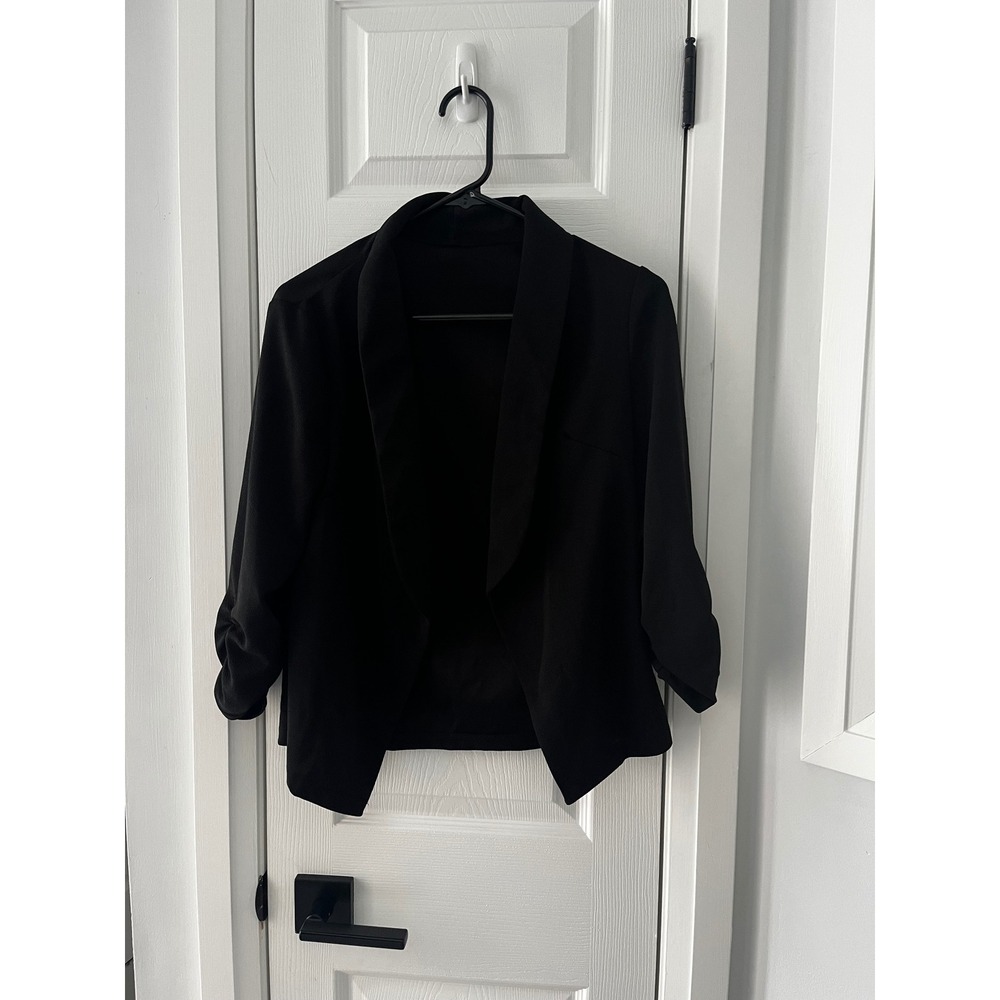 Womens Black Open Front Blazer Shawl Collar Ruched‎ 3/4 Sleeve Work Office Small